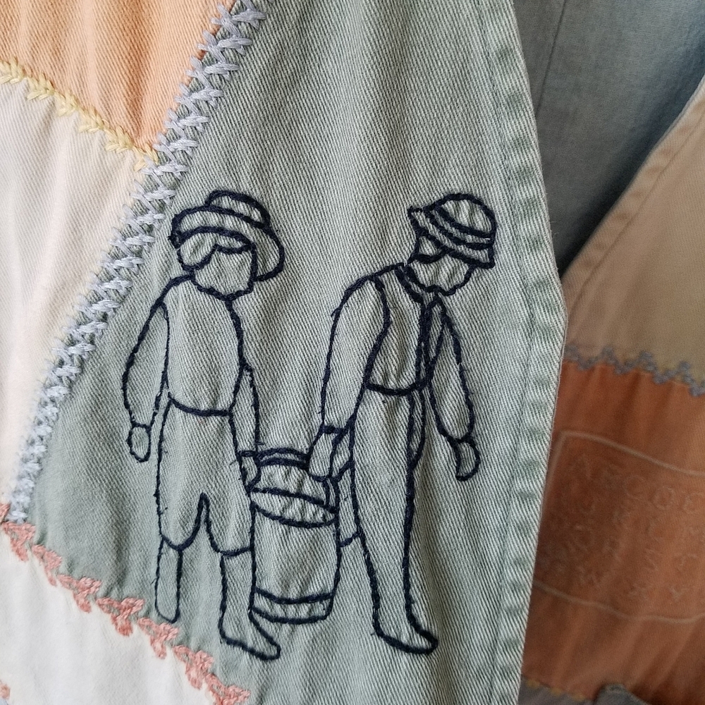 Vintage Cambridge Denim Embroidered Cat Patch Work Studded  Vest Jacket Large - Picture 5 of 14